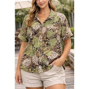 Pappagallo Casuals Carrie Vintage Y2K Tropical Leaf Print Button Up Shirt Large